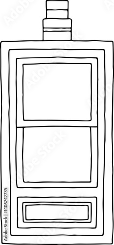 outline of classic vintage rectangular sliding window with decorative element above window and rectangular decoration below window, hand drawn with curved black outlines