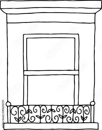 outline of vintage classic half open sliding window with balcony box with patterns, hand drawn with curved black outlines