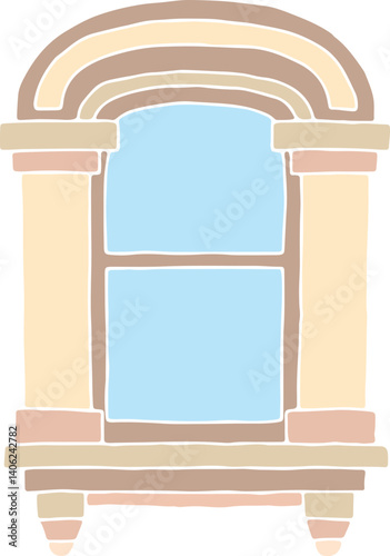classic antique arched window with shades of beige flowers with two columns on the sides and a window sill with two decorative elements, hand drawn with curved black outlines