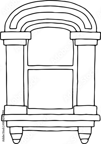 outline of classic vintage arched window with two columns and window sill with two decorative elements, hand drawn with curved black outlines