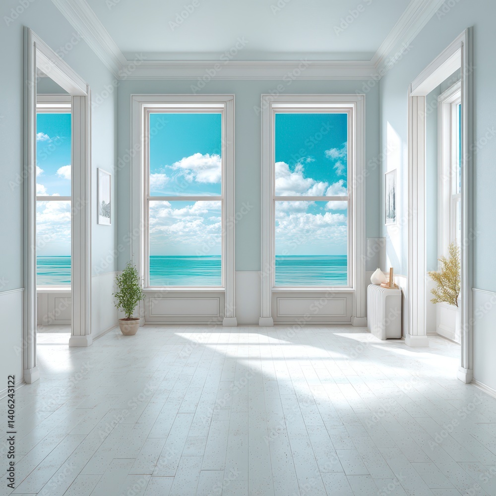 Fototapeta premium Serene Coastal View from Modern Bright Room with Large Windows