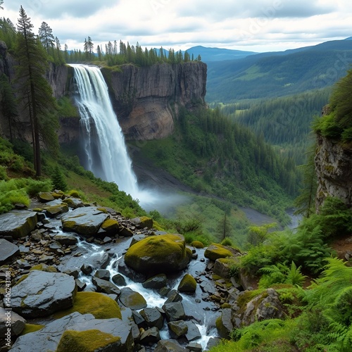 waterfall in the mountains.Majestic Waterfall in Lush Green Mountain Landscape