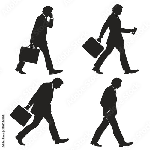 Four Silhouettes Of Businessman Walking With Briefcase And Phone In Different Moods