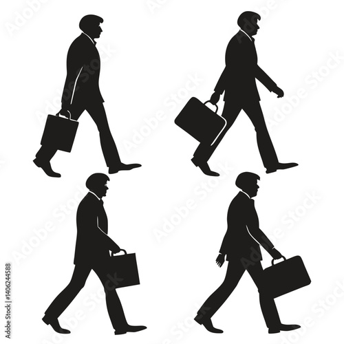 Walking Businessman Silhouette Set Carrying A Briefcase In Differing Positions And Angles