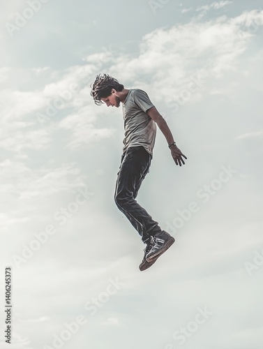 Man Leaping for Cloudy Sky, Freedom.