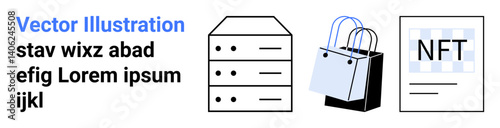 Server stack, shopping bags, and NFT document symbolizing data storage, e-commerce, and blockchain innovation. Ideal for tech, digital economy, web3, fintech retail database and flat landing page