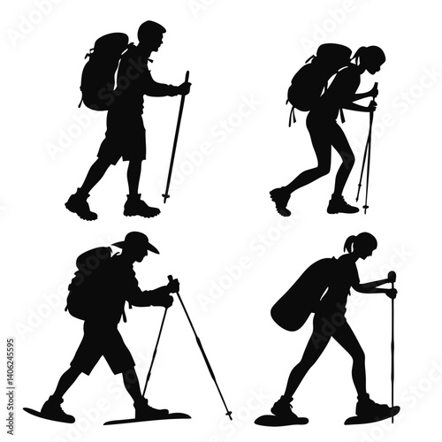 Silhouette Collection Of Hikers And Walkers With Backpacks And Trekking Poles