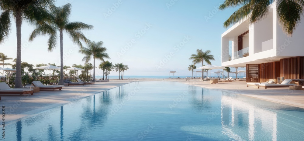 Luxury resort swimming pool scene palm trees and modern architecture for travel and relaxation Luxury resort swimming pool scene palm trees and modern architecture for travel and relaxation