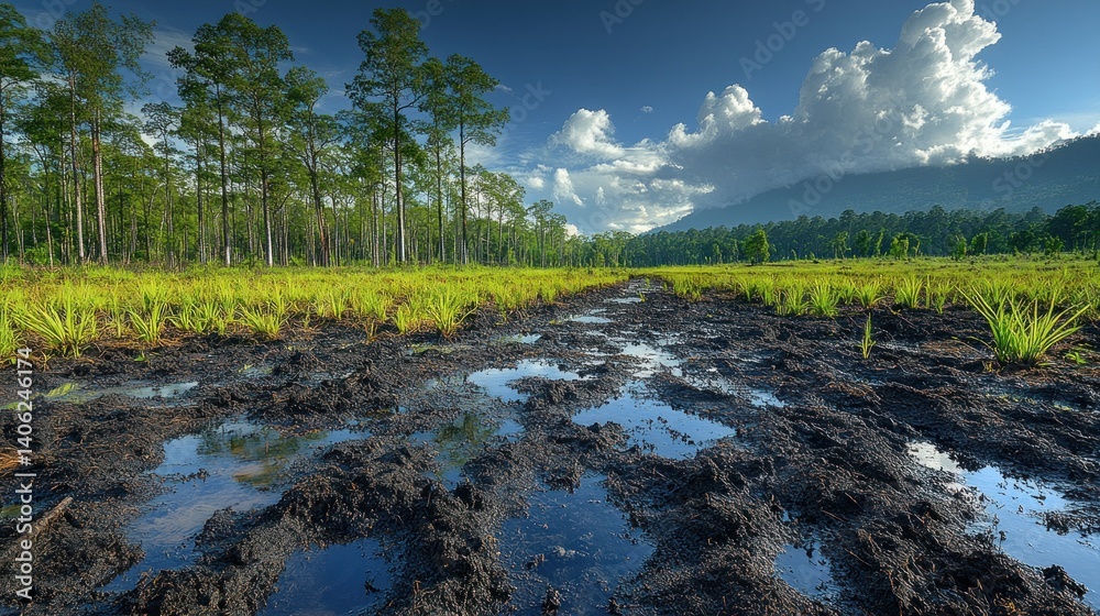 Fototapeta premium Muddy Path Through Lush Green Field and Forest, Mountain Background