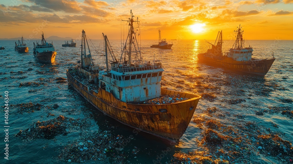 Fototapeta premium Sunset over the Ocean: Fishing Fleet Amidst Plastic Pollution