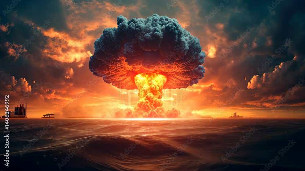 An oceanic nuclear bomb explosion sends shockwaves worldwide, Ai Generated.