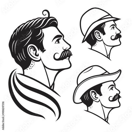 Vintage Men Portraits With Moustaches Wearing Hats In Vector Illustration Style