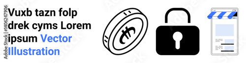Bitcoin coin symbol, padlock icon, and storefront graphic emphasizing digital security, cryptocurrency, and e-commerce. Ideal for blockchain, encryption, fintech, technology online shopping