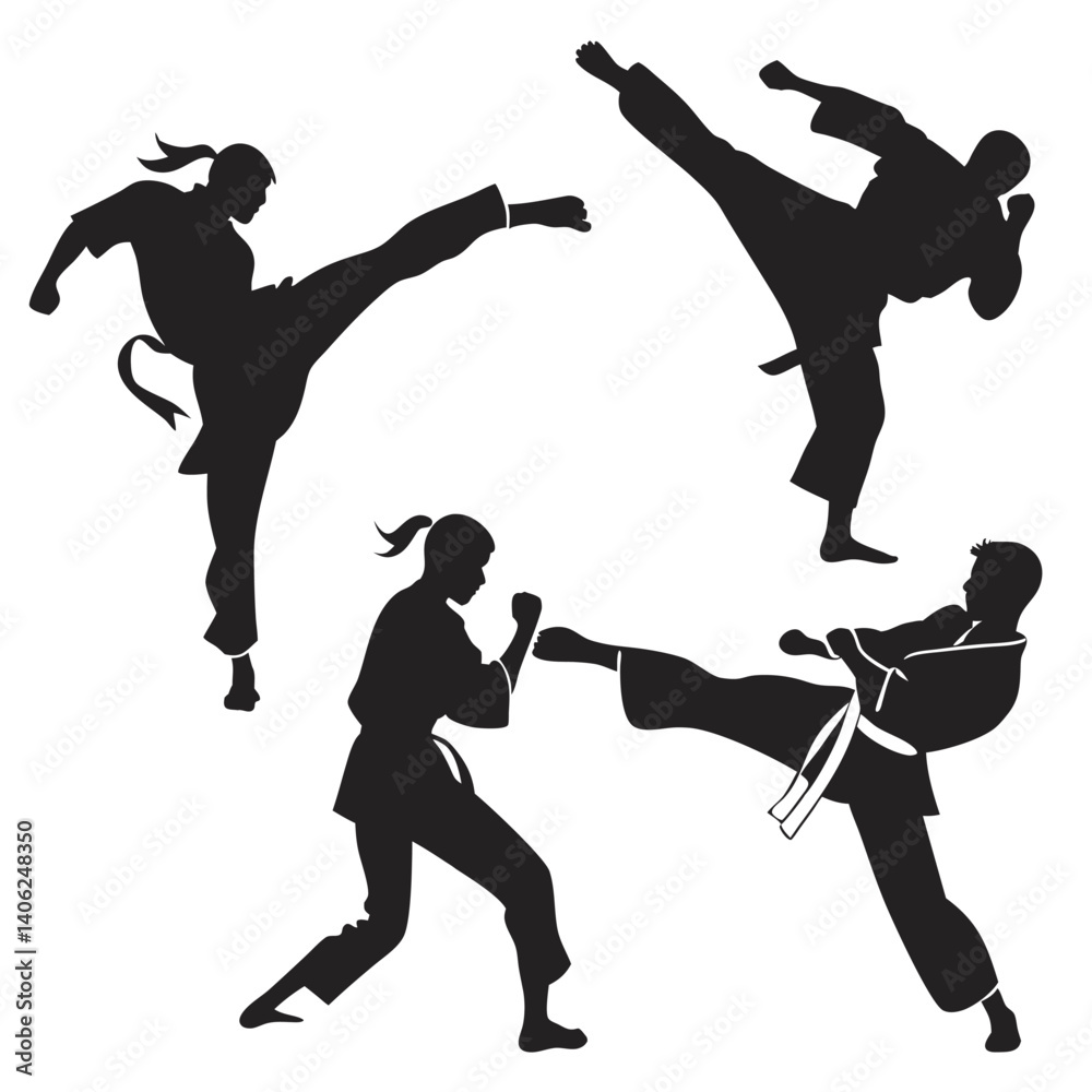 Obraz premium Karate Martial Arts Silhouette Collection Demonstrating Kicks And Blocks For Sport Graphic Resources
