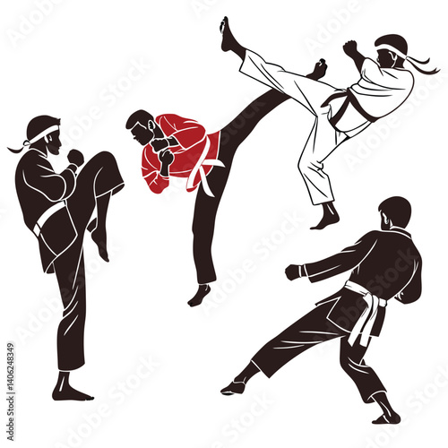 Four Martial Arts Fighters Silhouettes Practicing Kicks And Punches On White Background