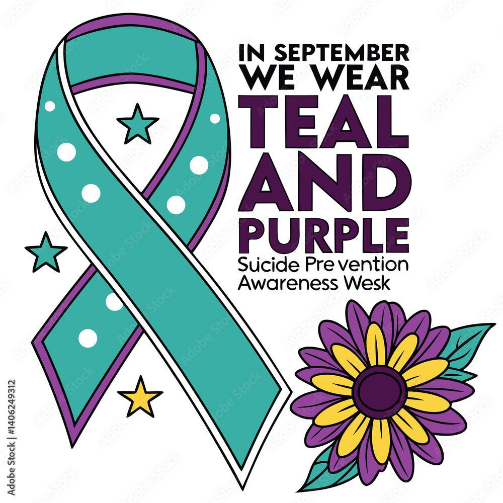 Obraz premium Suicide Prevention Awareness Week Illustration Featuring Teal And Purple Ribbon Flower