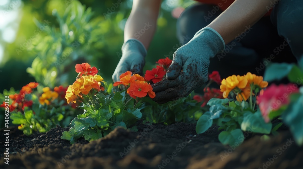 Fototapeta premium Gardener planting new flowers in a decorative garden bed. Featuring flower planting