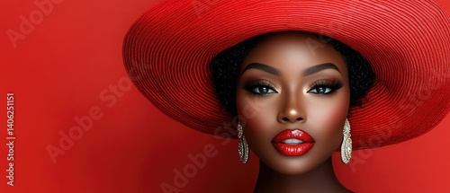 Elegant beauty in a red hat with stunning makeup and dazzling earrings on a matching backdrop
