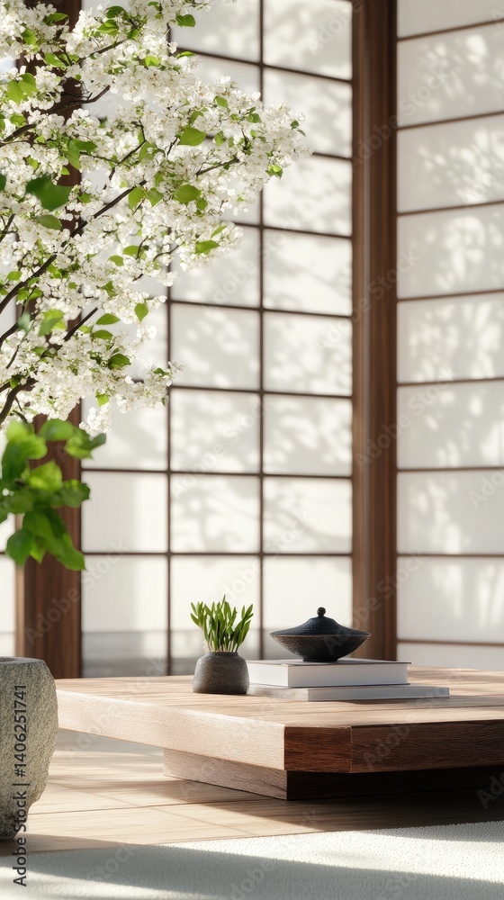 Minimalist interior with blooming branch on wooden table for home decor product presentation Minimalist interior with blooming branch on wooden table for home decor product presentation
