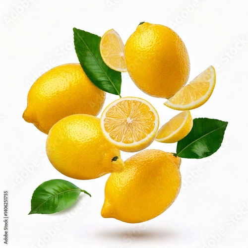 Wallpaper Mural A creative set with Fresh raw whole and cut lemons with green leaves falling in the air isol  Torontodigital.ca
