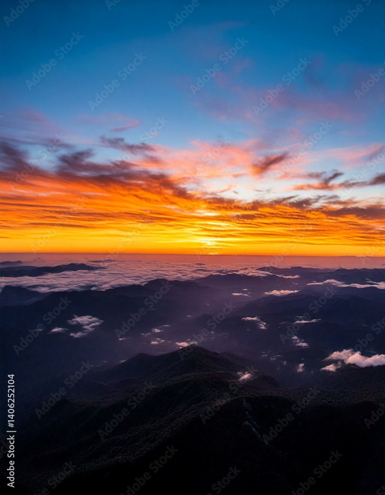 Fototapeta premium Aerial sunset view over the Blue Ridge Mountains from the cockpit of a private aircraft. 