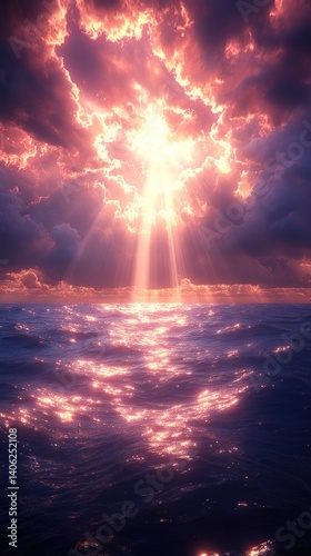 Beautiful sky with sun rays shining over ocean. The light reflects in the water and makes it sparkle