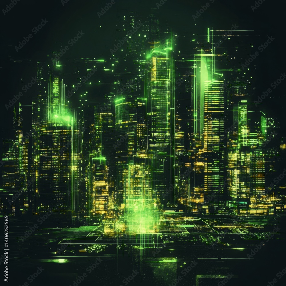 Obraz premium Futuristic urban skyline with glowing green lights and digital elements, representing a vibrant and technologically advanced cityscape at night
