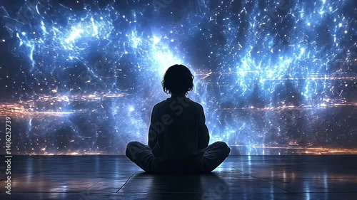 Rooftop meditation, cosmic backdrop, city view, peaceful mindfulness