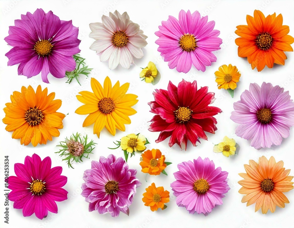 Fototapeta premium Beautiful summer garden flowers collection. Cosmos, echinacea, coreopsis, zinnia, aster, dai 