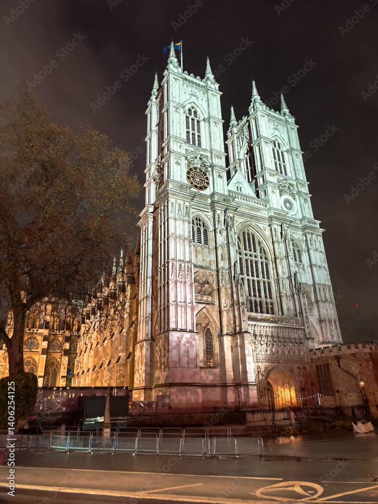 Fototapeta premium The cathedral is lit up at night, creating a beautiful and serene atmosphere