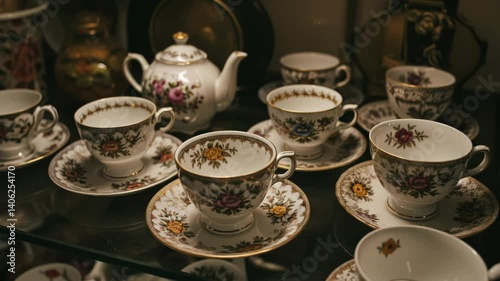 Antique  abstract beautiful porcelain tea set under a museum like glass display with studio lighting