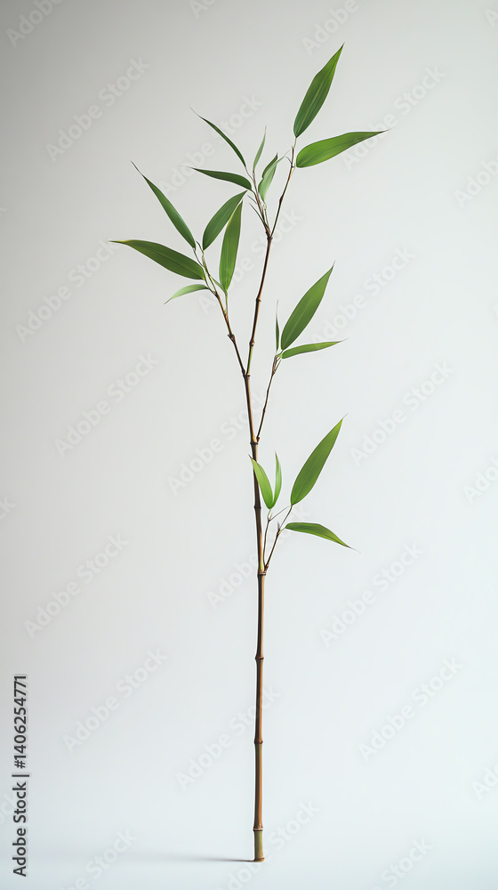 Fototapeta premium Elegant bamboo branch with vibrant green leaves on a neutral backdrop, perfect for nature-themed designs.