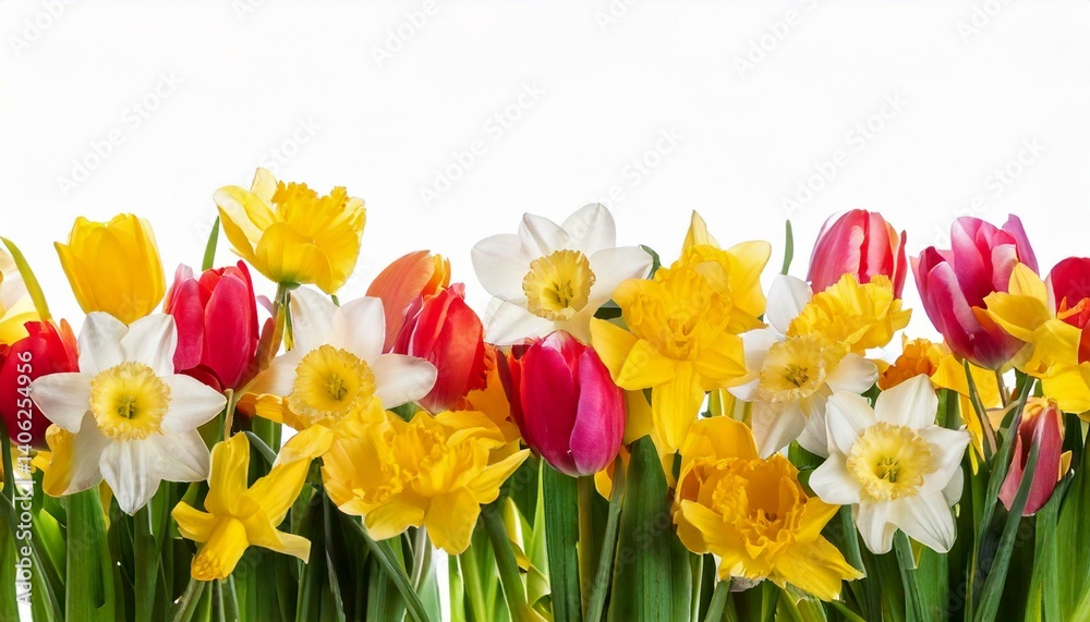Border with tulips and daffodils closeup on white background Border with tulips and daffodils closeup on white background
