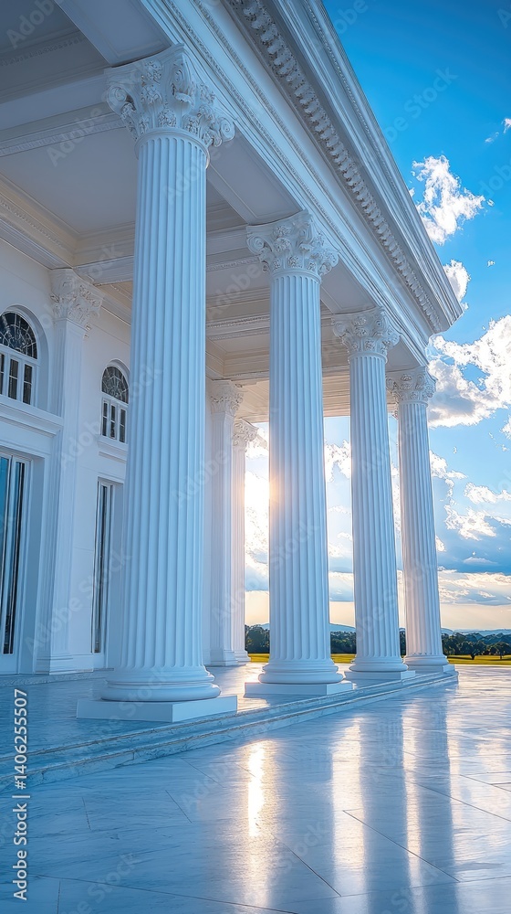 Fototapeta premium White pillars stand tall, catching sunlight. Marble floor reflects light and sky. Elegant architecture