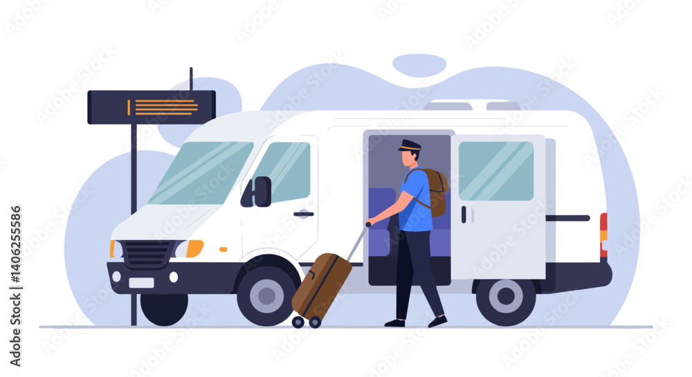 Airport driver assisting traveler with luggage loading into van Airport driver assisting traveler with luggage loading into van
