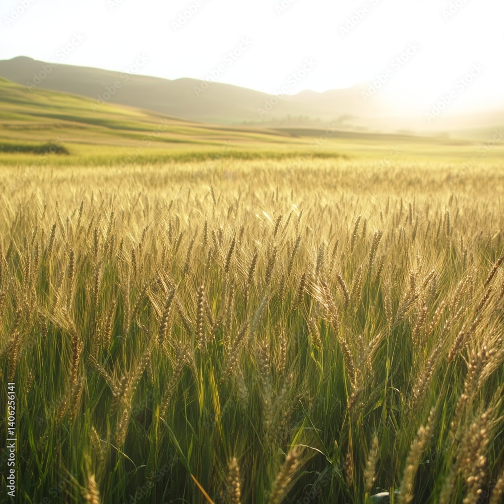 Golden Wheat Fields in a Serene Landscape at Sunrise with Soft Light Casting Gentle Shadows over Rolling Hills in the Distance Golden Wheat Fields in a Serene Landscape at Sunrise with Soft Light Casting Gentle Shadows over Rolling Hills in the Distance