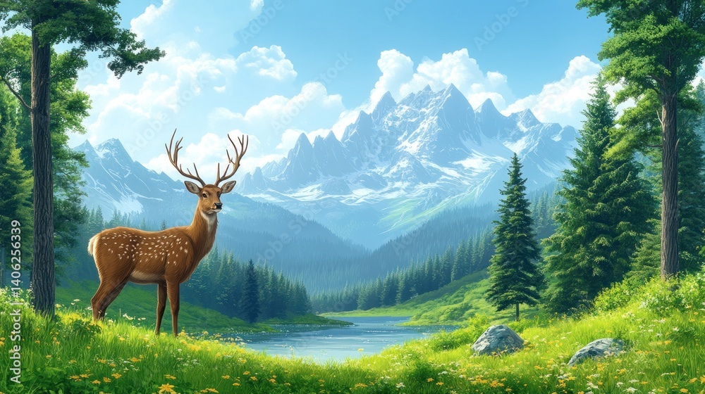 Naklejka premium Majestic Deer in Alpine Meadow: A Serene Mountain Landscape