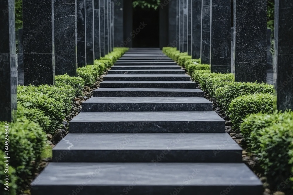 Obraz premium A serene stone pathway flanked by lush greenery leads into a tranquil garden space