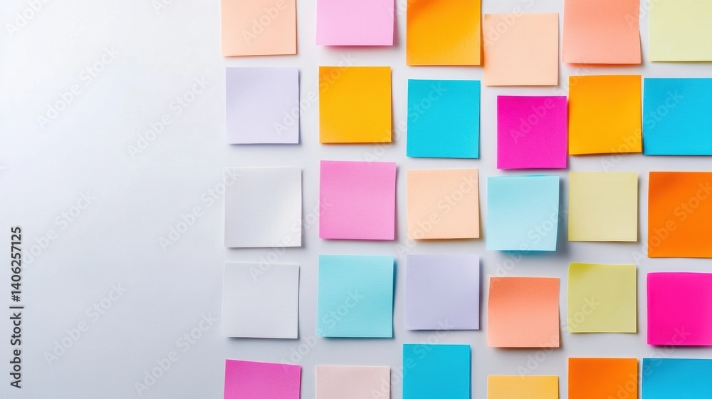 Colorful sticky notes organized methodically on a white desk showcasing creativity and planning in a workspace