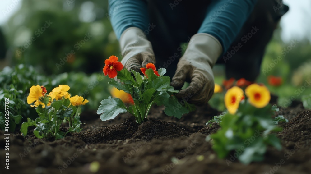 Fototapeta premium Landscaper planting flowers in a garden bed. Featuring gardening work