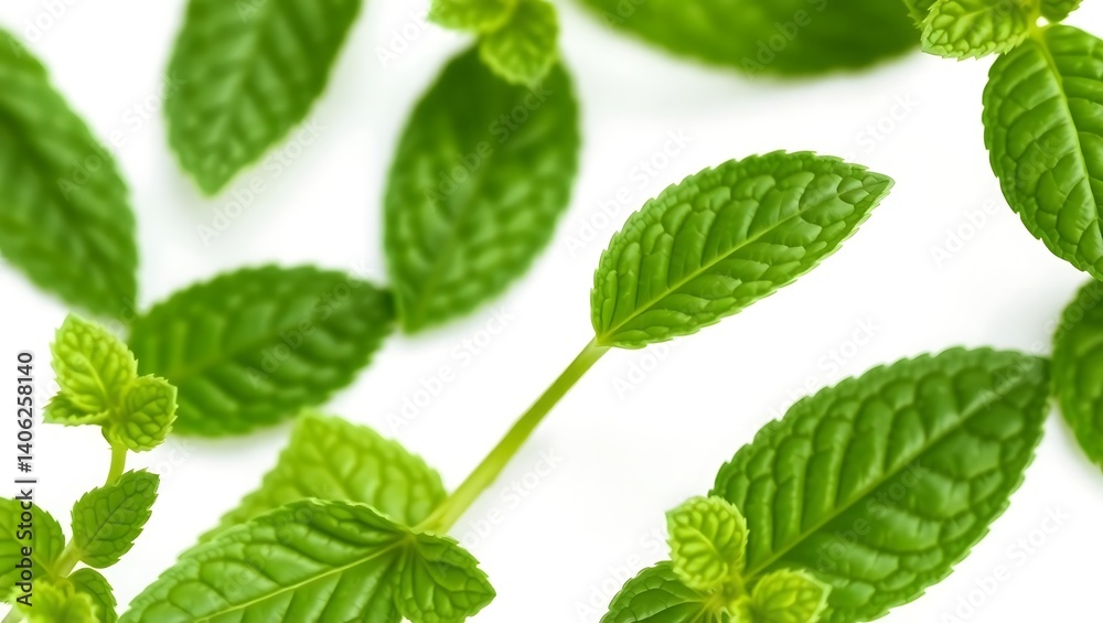 Naklejka premium Fresh Mint Leaves Isolated on White Background: A Crisp and Vibrant Close-Up