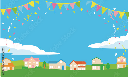 お祝い装飾のついた自然と住宅の背景ベクターイラスト素材