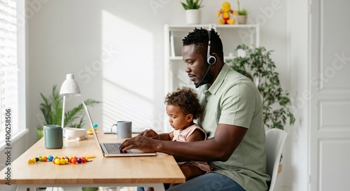 Black father working from home while daughter interacts on his lap. Concept of active fatherhood, family bonding and flexible remote work lifestyle. African American father working with his daughter o