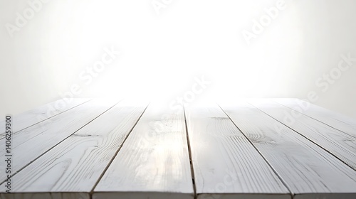 A bright and evenly lit empty white wooden table top, captured from a front angle with a shallow depth of field.