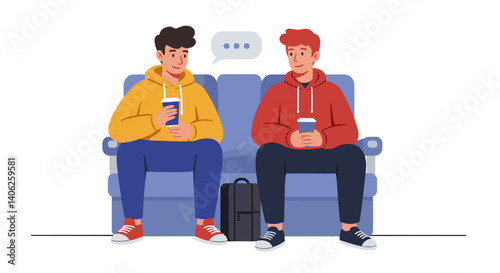 Friends Chatting on a Plane with Drinks in Vector Style  