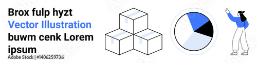 Free Download Stacked cubes, segmented circular chart, and a businesswoman pointing at data. Ideal for business analysis, data visualization, teamwork, learning tools, infographic material, reports simple landing - GFXLoad