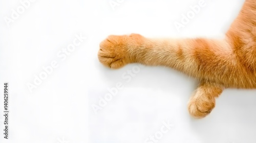 Adorable orange cat paw with soft fur resting on clean white background, minimalist top view close-up showing outstretched feline leg with five visible toes in natural relaxed pose