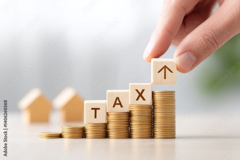 Hand Placing Wooden Cubes with the Word TAX on a Stack of Coins to Represent Financial Growth