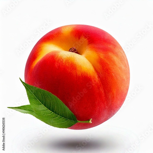  Flying fresh ripe peach with green leaves isolated on white background. Concept of food levi