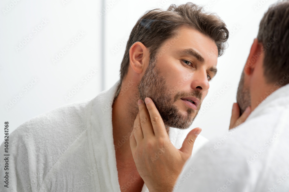 Sexy sensual man with perfect skin touch face after shaving. Skin care healthcare cosmetic procedures concept. Close up man looking in mirror, sensitive skin, cosmetology treatment. Skin care.